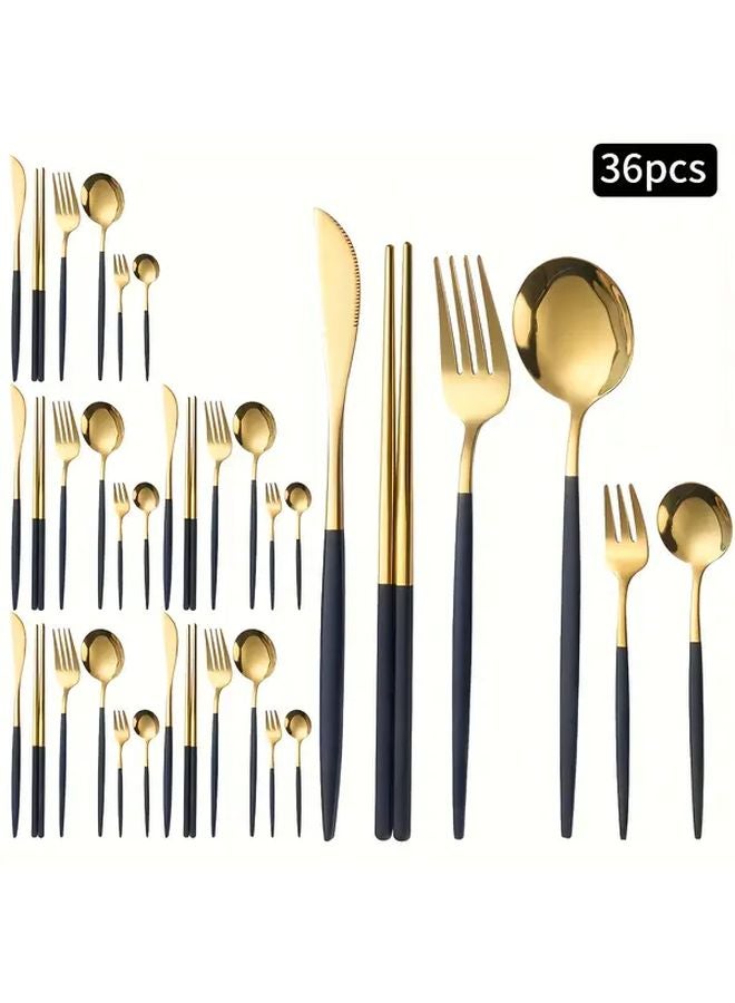 36 Piece Stainless Steel Tableware Set Golden Black Knife Fork Spoon Chopsticks - Image 1